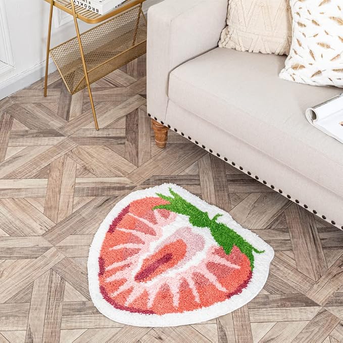 Strawberry Fruit Shaped Rug Fruits Bath Mat Rug Non-Slip Bathroom Door Mat for Bedroom Bathroom Kitchen Cartoon Area Rug for Shower Room Soft Bathmat Home Decor - LeafyLoom