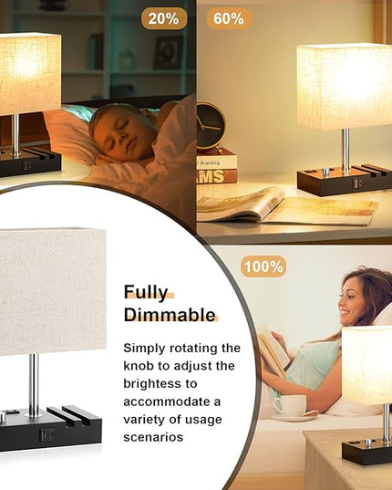 Bedside Lamps for Bedroom Set of 2, Kakanuo Fully Dimmable Small Beige Nightstand Lamps with USB C Ports and 2 Charging Outlets, Wooden Table Lamp with Phone Stands for Living Room, LED Bulbs Included - LeafyLoom