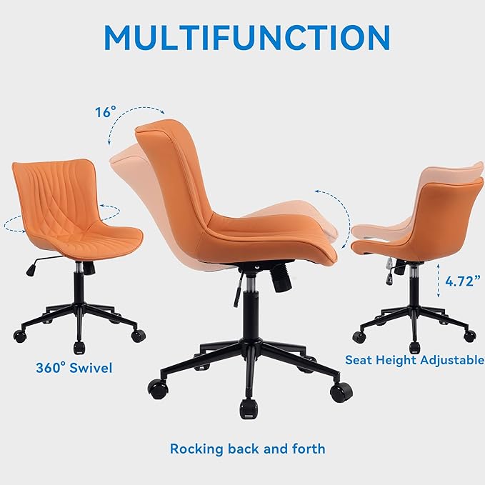 YOUNIKE Office Chair, Armless Desk Chair with Wheels, Home Office Computer Task Chairs, Modern Faux Leather Upholstered Vanity Chair, Adjustable Swivel Office Chairs with Back, Burnt Orange - LeafyLoom