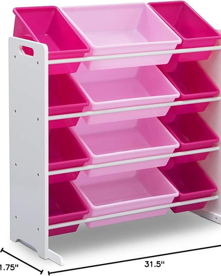 Delta Children Kids Toy Storage Organizer with 12 Plastic Bins - Greenguard Gold Certified, White/Pink - LeafyLoom