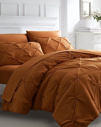Ubauba 7pc Burnt Orange Queen Comforter Set, Rust 7 Piece Pintuck Bed in a Bag with Sheets, All Season Pinched Pleat Bedding Comforters & Sets,(Rustic, Queen Size) - LeafyLoom