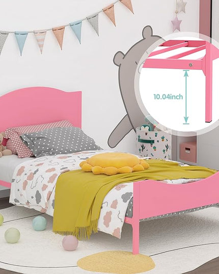 Timy Pink Kids Twin Bed Frame with Wooden Headboard and Footboard, Metal Platform Bed Frame for Boys Girls Teens Adults, Modern Kids Bed Furniture, No Box Spring Needed - LeafyLoom