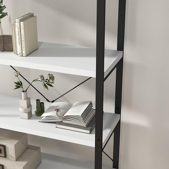 Panana 5 Tier Industrial Rustic Wooden Bookshelves, Vintage Open Wood and Metal Farmhouse Bookshelf Heavy Duty Storage Shelving Unit Rack (White) - LeafyLoom