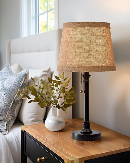 Oneach Cottage Style Black Pull Chain Table Lamps Set of 2 for Bedroom Living Room 20'' Traditional Bedside Desk Nightstand Buffet Candlestick Samll Lamps with Fabric Drum Shade - LeafyLoom