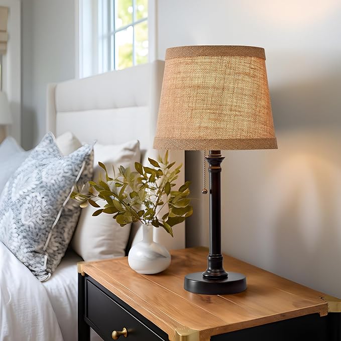 Oneach Cottage Style Black Pull Chain Table Lamps Set of 2 for Bedroom Living Room 20'' Traditional Bedside Desk Nightstand Buffet Candlestick Samll Lamps with Fabric Drum Shade - LeafyLoom
