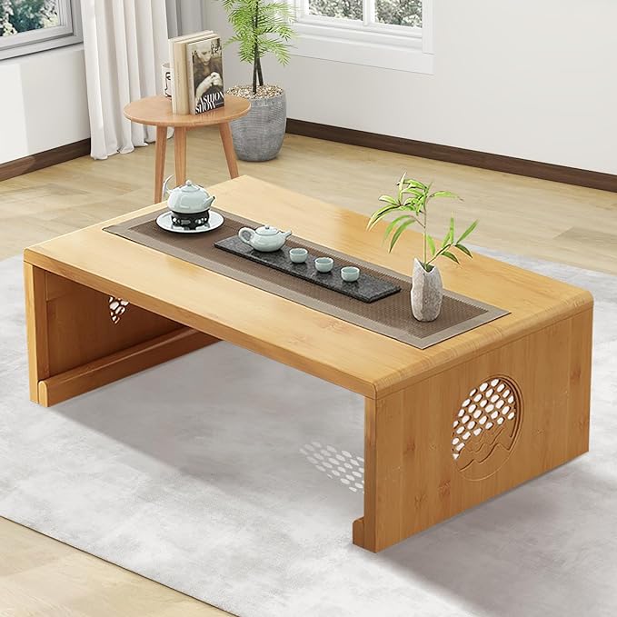 Folding Coffee Table Foldable Japanese Floor Table Low Table for Living Room,Dining Room,Tea,Tatami,Home Decoration (Log Color 39.37 * 19.68 * 12.2 INCH) - LeafyLoom