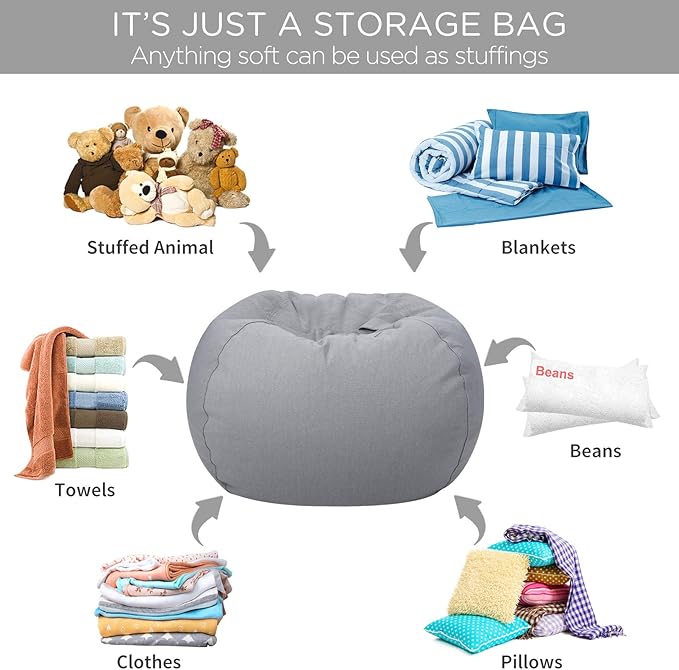 Aubliss Stuffed Animal Storage Bean Bag Chair Cover (No Beans)，Stuff and Sit Storage Bean Bag for Kids Toy Storage，Large 38"-Canvas Solid Grey - LeafyLoom