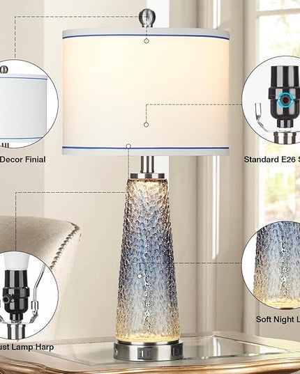 Glass Table Lamps for Living Room, 26" Modern Table Lamps with USB A+C Ports & AC Outlet, Touch Control Bedside Nightstand Lamp with Crystal Night Light for End Table Office Desk Blue(Bulbs Included) - LeafyLoom