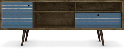 Manhattan Comfort Liberty Mid Century Modern TV Stand for Televisions up to 65 Inches, Bedroom and Living Room Entertainment Center with Storage, Shelves, and Cabinet, 71" Wide, Rustic Brown/Aqua - LeafyLoom