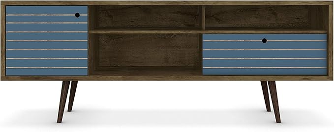 Manhattan Comfort Liberty Mid Century Modern TV Stand for Televisions up to 65 Inches, Bedroom and Living Room Entertainment Center with Storage, Shelves, and Cabinet, 71" Wide, Rustic Brown/Aqua - LeafyLoom