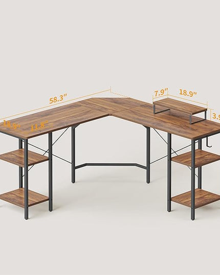BANTI L Shaped Desk with Shleves, 58 inch Large Corner Desk with Two Storage, Space Saving, Easy to Assemble, Brown - LeafyLoom