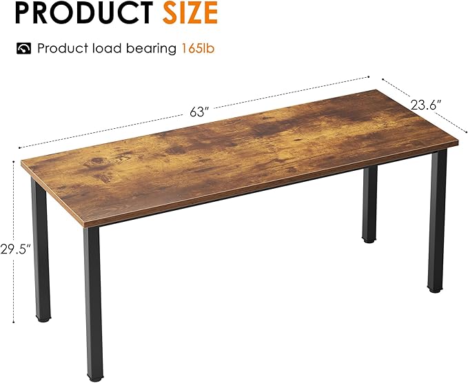 Need 63 Inch Large Computer Desk - Modern Simple Style Home Office Gaming Desk, Basic Writing Table for Study Student, Black Metal Frame, Rustic Brown - LeafyLoom