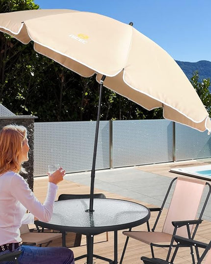 Nice C Outdoor Dining Sets, Patio Furniture Set, 8 Piece Set with Umbrella, Garden Outdoor Furniture Table Set with Tilted Removable Umbrella, Glass Table, and 6 Folding Chairs (Beige-6 Piece) - LeafyLoom