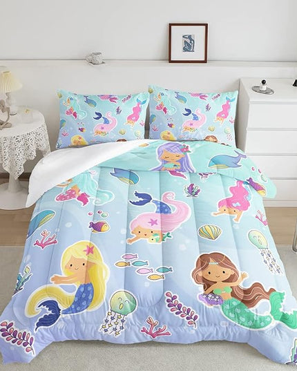 Datura home Girls Mermaid Comforter Set for Girls Women,Kawaii Mermaid Girls Play with Fish Printed Pattern Blue Kawaii Bedding Set with 2 Pillowcases(Girls Twin) - LeafyLoom