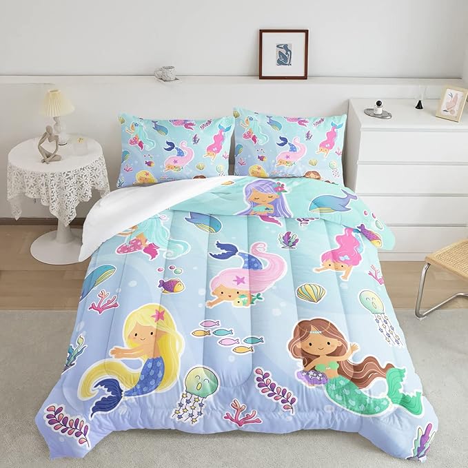 Datura home Mermaid Comforter Set, Kawaii Girls Blue Bedding with 2 Pillowcases, Queen 90x90inches - LeafyLoom