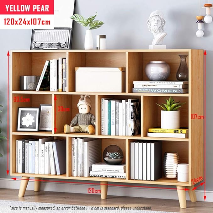 IOTXY Wooden Open Shelf Bookcase - 3-Tier Floor Standing Display Cabinet Rack with Legs, 10 Cubes Bookshelf, Pear Yellow - LeafyLoom