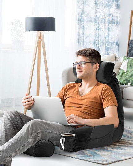 Clara Clark Reading Pillow, Large Back Pillow for Sitting Up in Bed, Memory Foam Back Support Pillow, Reading Pillows for Sitting in Bed Adult, Black Sit Up Pillow for Bed Chair with Arms and Pockets - LeafyLoom