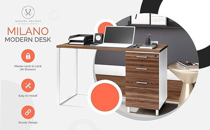 Milano Home Office Desk - 47Inch Cass walnut/white Home Office Desk with Drawers - Modern Computer Desk with Storage, Detachable & Lockable Computer Cabinet - Wooden Office, Study, and Writing Table - LeafyLoom