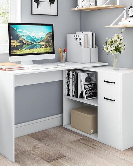 L-Shaped Rotating Computer Desk 68 inch with Storage Shelves Home Office Corner Desk with Drawers and File Cabinet Multipurpose Study Writing Table for Bedroom Small Space White - LeafyLoom