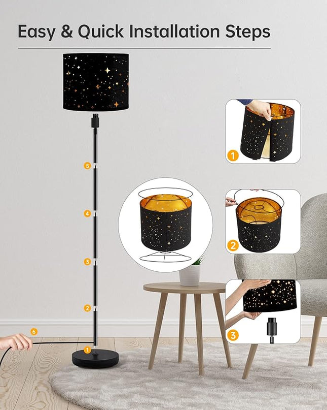 BoostArea Floor Lamp, Standing Lamp, 6W LED Floor Lamps with Black Lampshade, 2700K, Foot Switch, E26 Socket, 58" Tall Metal Pole Lamp, Simple Floor Lamps for Living Room/Bedroom/Farmhouse, Star - LeafyLoom