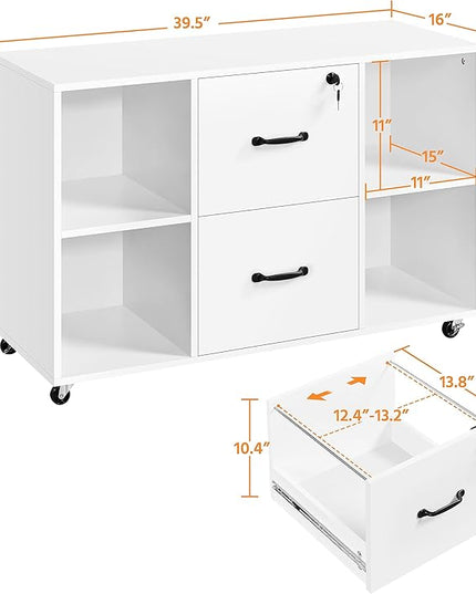 Yaheetech White File Cabinet Mobile Letter Size File Cabinet with 2 Drawers and 4 Open Storage Shelves Large Mobile Lateral Filing Cabinet Printer Stand for Home and Office - LeafyLoom
