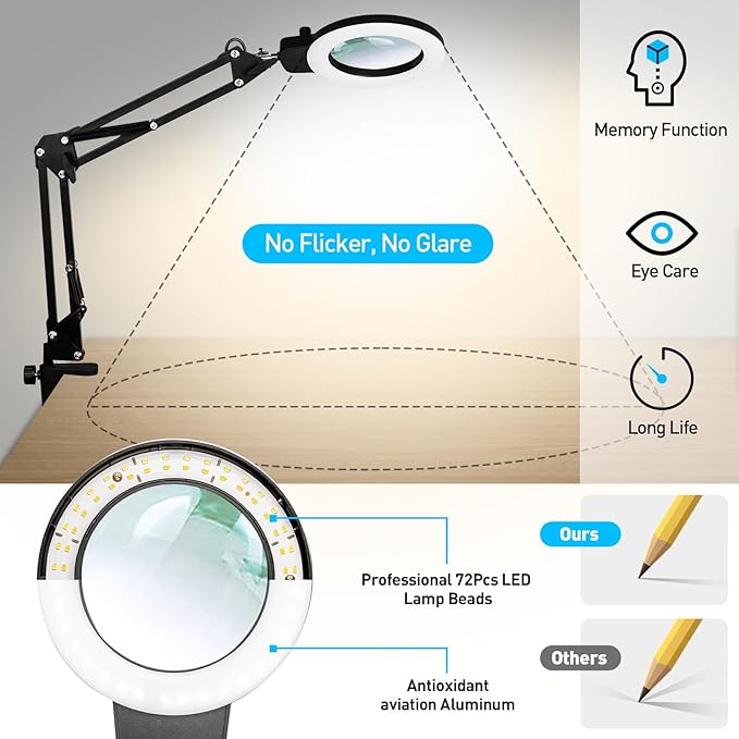 10X Magnifying Glass with Light, KIRKAS Any Color Modes & Stepless Dimming LED Magnifying Lamp with Clamp, Hands Free Lighted Magnifier Glass Lens for Crafts Hobby Reading Painting Close Work - LeafyLoom