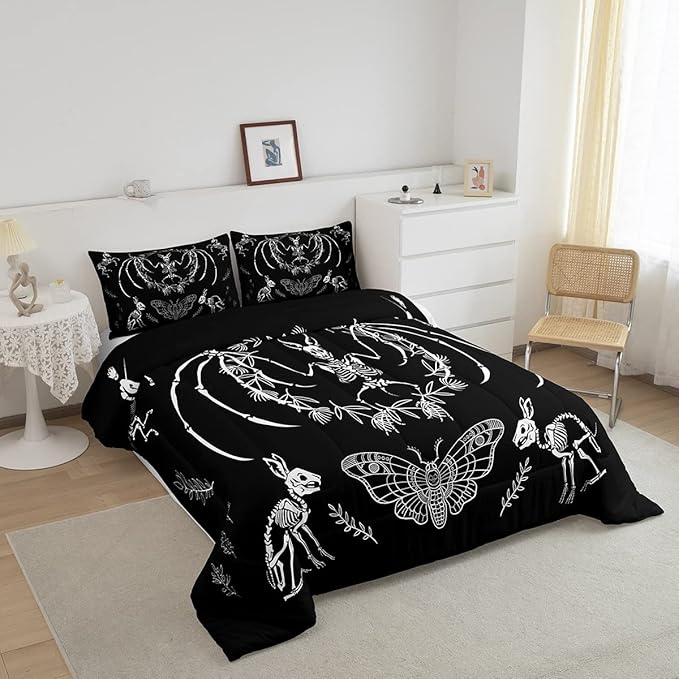 Skull Comforter Set Bat Skeleton Comforter Boho Moth Gothic Skull Bedding Set for Kids Boys Girls Adults Halloween Themed Duvet Set Ultra Soft Horror Room Decor Full Size Quilt Set - LeafyLoom