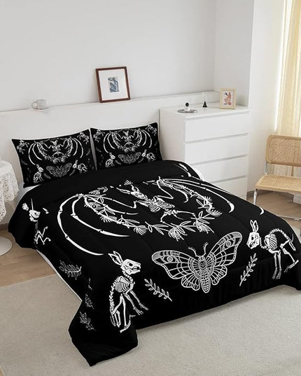Feelyou Skull Comforter Set Bat Skeleton Comforter Boho Moth Gothic Skull Bedding Set for Kids Boys Girls Adults Halloween Themed Duvet Set Ultra Soft Horror Room Decor Queen Size Quilt Set - LeafyLoom