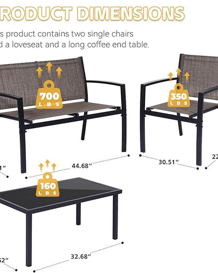 4 Pieces Patio Furniture Set Outdoor Garden Patio Conversation Sets Poolside Lawn Chairs with Tempered Glass Coffee Table Loveseat Porch Furniture Textilene Fabric Brown - LeafyLoom