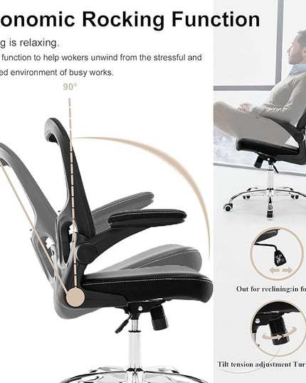 Office Chair,Ergonomic Desk Chair,Mesh Computer Chair with PU Leather Flip-up Armrest,Home Office Chair with Lumbar Support,Adjustable Executive Mid Back Task Chair,Rolling Swivel Office Chairs,Black - LeafyLoom