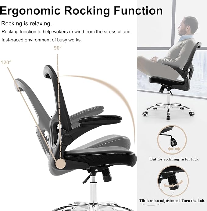 Office Chair,Ergonomic Desk Chair,Mesh Computer Chair with PU Leather Flip-up Armrest,Home Office Chair with Lumbar Support,Adjustable Executive Mid Back Task Chair,Rolling Swivel Office Chairs,Black - LeafyLoom