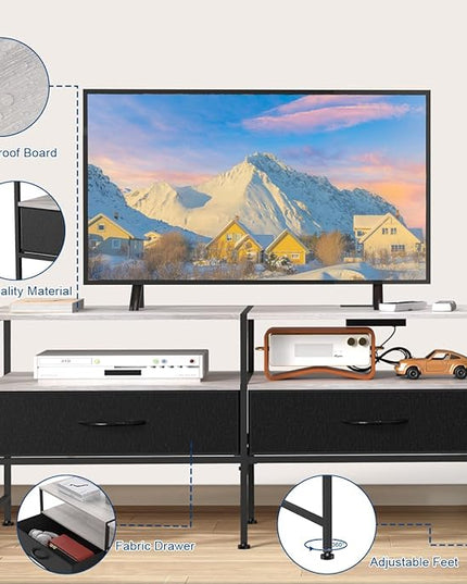 HEOMU Industrial TV Stand for 50 Inch Television Cabinet 3-Tier Console Table with Fabric Drawer, Entertainment Center Media Console Metal Frame for Living Room, Bedroom, Grey - LeafyLoom