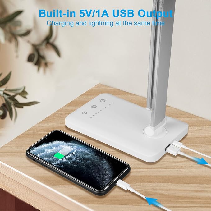 Linkstyle LED Desk Lamp, Table Light with USB Charging Port, Foldable Dimmable 5 Modes 10 Brightness Levels Touch Control Desk Light Auto Timer Eye Caring Book Reading Lamps for Home Office - LeafyLoom