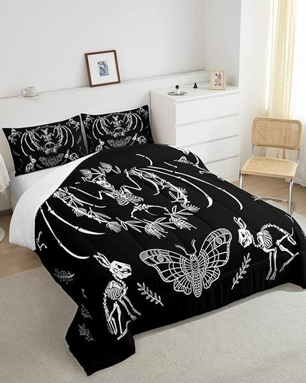 Feelyou Skull Comforter Set Bat Skeleton Comforter Boho Moth Gothic Skull Bedding Set for Kids Boys Girls Adults Halloween Themed Duvet Set Ultra Soft Horror Room Decor Queen Size Quilt Set - LeafyLoom