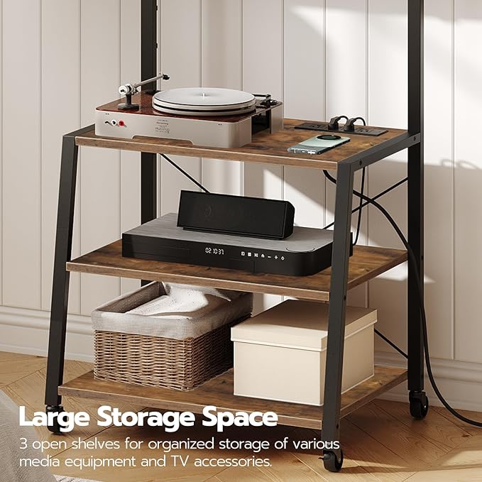 HOOBRO Rolling TV Stand with Mount and Power Outlet Up to 55 inch TV, Corner Entertainment Center, Small TV Stand with 3-Tier Storage Shelves for Living Room, Bedroom, Rustic Brown and Black BF66UDS01 - LeafyLoom