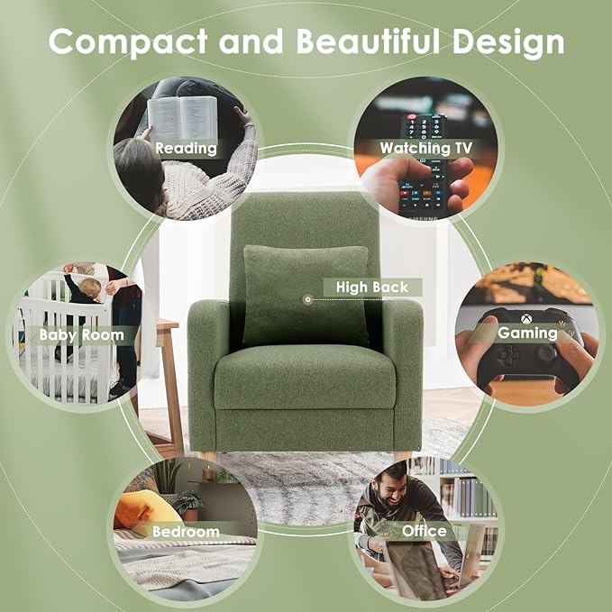 COLAMY Modern Upholstered Accent Chair Armchair with Pillow, Fabric Reading Living Room Side Chair,Single Sofa with Lounge Seat and Wood Legs, Green - LeafyLoom