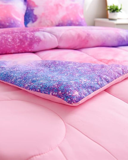 A Nice Night Galaxy Bedding Sets Outer Space Comforter 3D Printed Space Quilt Set Queen Size Glitter Pink Color,for Children Boy Girl Teen Kids - LeafyLoom