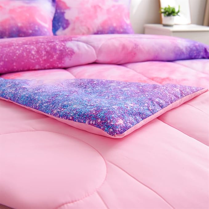 A Nice Night Galaxy Bedding Sets Outer Space Comforter 3D Printed Space Quilt Set Queen Size Glitter Pink Color,for Children Boy Girl Teen Kids - LeafyLoom
