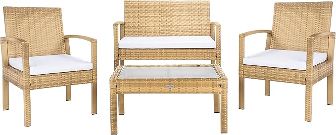 SAFAVIEH Outdoor Collection Bassey Natural/White Cushion 4-Piece Conversation Patio Set PAT7507D - LeafyLoom