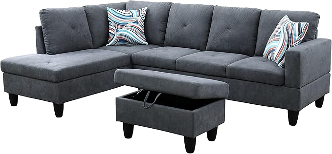 ROOMTEC L Shape Sectional Sofa Set, 5 Seat Upholstered Corner Couch with Storage Ottoman & Left Chaise Lounge, Luxurious Flannelette Tufted Cushions, for Living Room, Apartment, Dark Grey - LeafyLoom