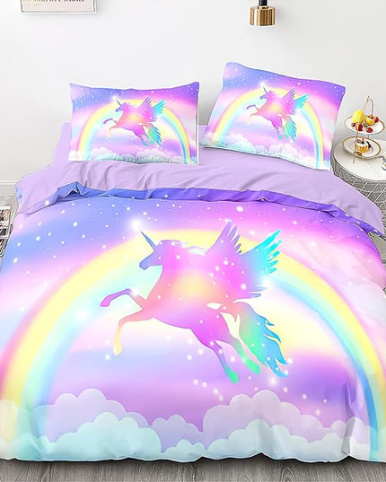 Kids Comforter Bedding Set 3 Pieces Super Soft Breathable Print Kids Bedding Sets for Girls, Machine Washable Durable Comforter Set with Comforter, 2 Pillowcases Rainbow(Twin, Purple Unicorn) - LeafyLoom