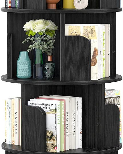 Aheaplus Rotating Bookshelf, 360 Display Corner Bookshelf for Small Space, 4 Tier Floor Standing Bookcase Storage Rack, Wood Narrow Organizer for Bedroom, Living Room, Study Room, Black - LeafyLoom