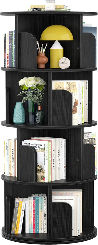 Aheaplus Rotating Bookshelf, 360 Display Corner Bookshelf for Small Space, 4 Tier Floor Standing Bookcase Storage Rack, Wood Narrow Organizer for Bedroom, Living Room, Study Room, Black - LeafyLoom