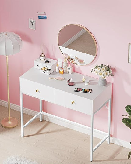 SUPERJARE 35.4" White Desk with 2 Drawers, Modern Makeup Vanity Desk, Small Computer Desk Home Office Desk for Writing Study Bedroom - LeafyLoom