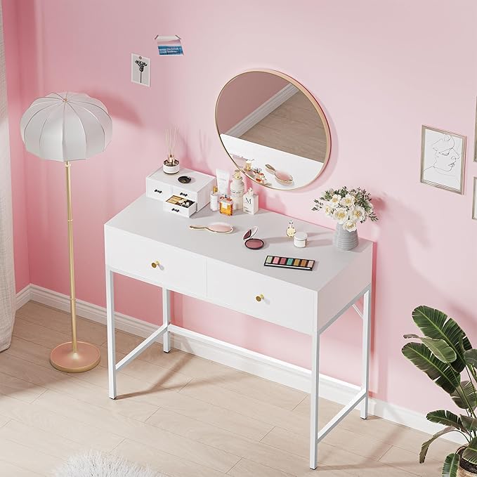 SUPERJARE 35.4" White Desk with 2 Drawers, Modern Makeup Vanity Desk, Small Computer Desk Home Office Desk for Writing Study Bedroom - LeafyLoom