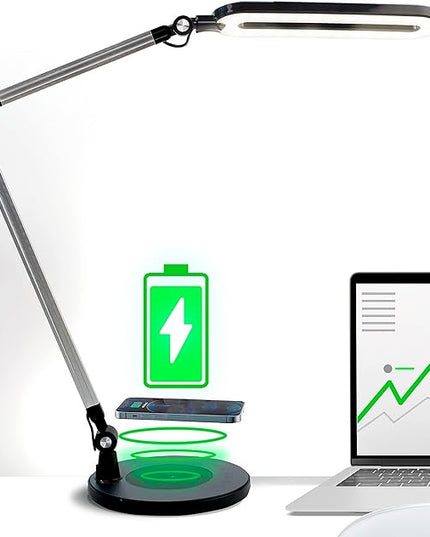 Led Desk Lamp | Architect Desk Lamps for Home Office | Desk Light Swing Arm with Wireless Charger, Adjustable Color temp & Brightness | Tall Table Lamp for Work, Reading, Study, Computer Monitor - LeafyLoom