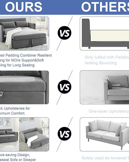 New model 3-in-1 Sleeper USB Port Adjustable Velvet Convertible Sofa with Pull Out Bed, 2 Pillows & Side Pocket – Ideal for Living Room and Bedroom, Grey - LeafyLoom