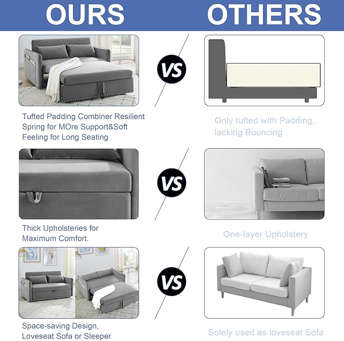 New model 3-in-1 Sleeper USB Port Adjustable Velvet Convertible Sofa with Pull Out Bed, 2 Pillows & Side Pocket – Ideal for Living Room and Bedroom, Grey - LeafyLoom