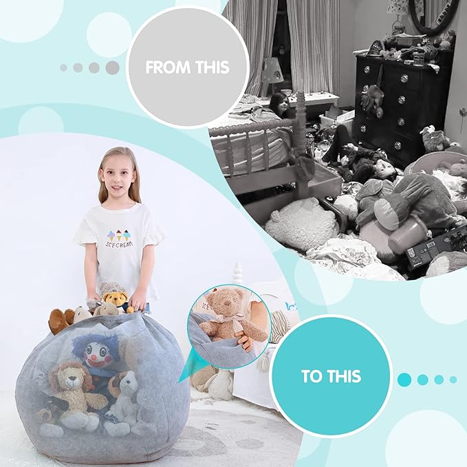 Stuffed Animal Storage Bean Bag Chair Cover (No Filler) for Kids and Adults.Soft Premium Corduroy Stuffable Beanbags for Organizing Children Plush Toys or Memory Foam Small 100L (Grey) - LeafyLoom