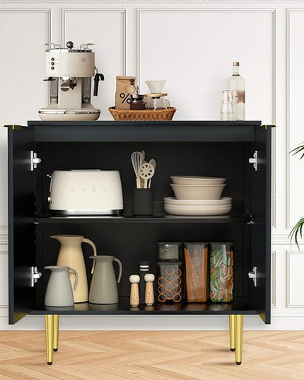 Black Fluted Buffet Cabinet,Wood Sideboard Buffet Cabinet with Adjustable Shelf, Fluted Accent Cabinet with Rose Gold Colored Metal Legs, Storage Cabinet for Living Room,Dining Room,Kitchen - LeafyLoom